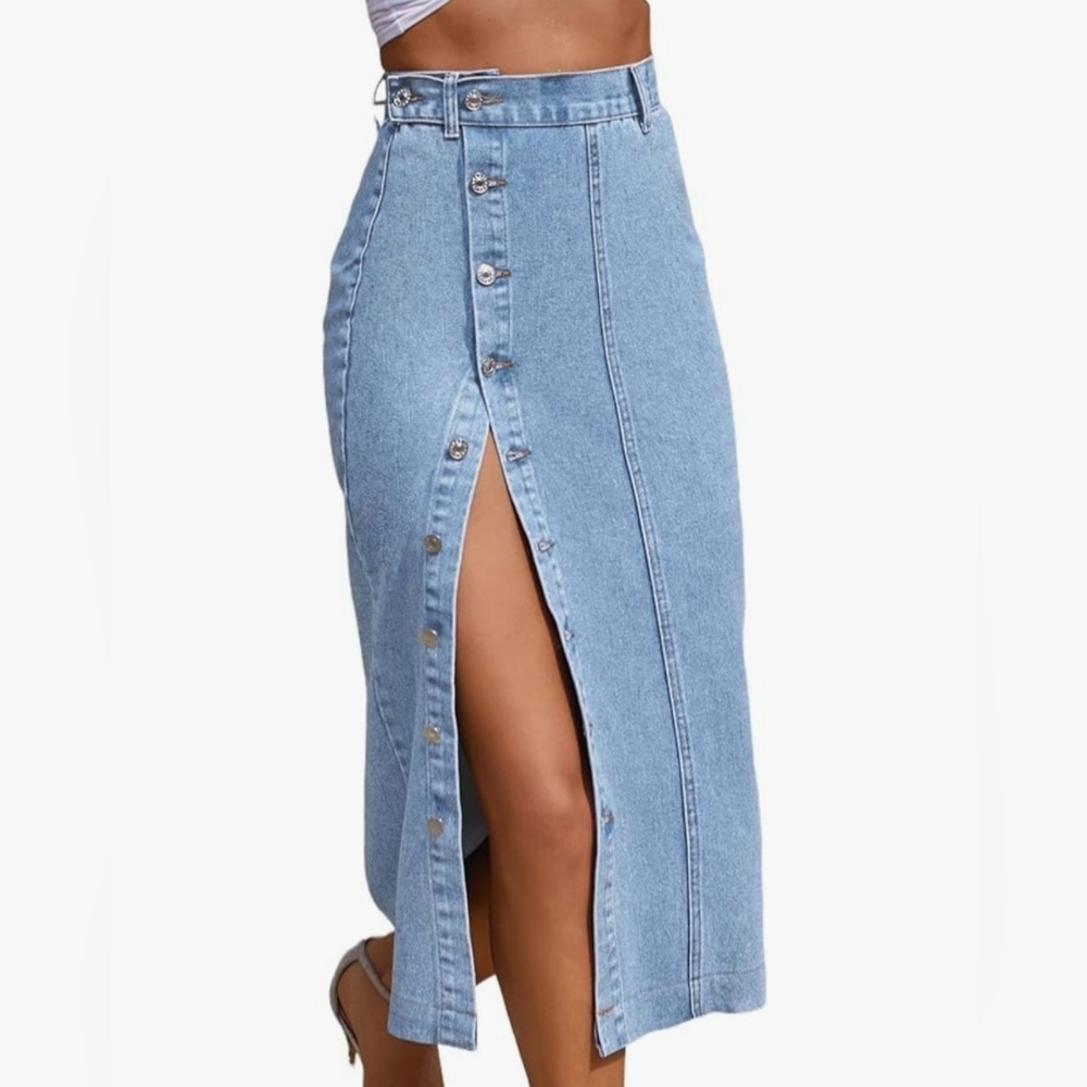 Button-Front Light Wash Denim Midi Skirt